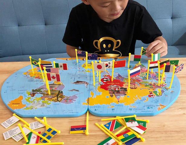 Wooden World Map with Flags – 36 Countries