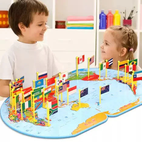 Wooden World Map with Flags – 36 Countries