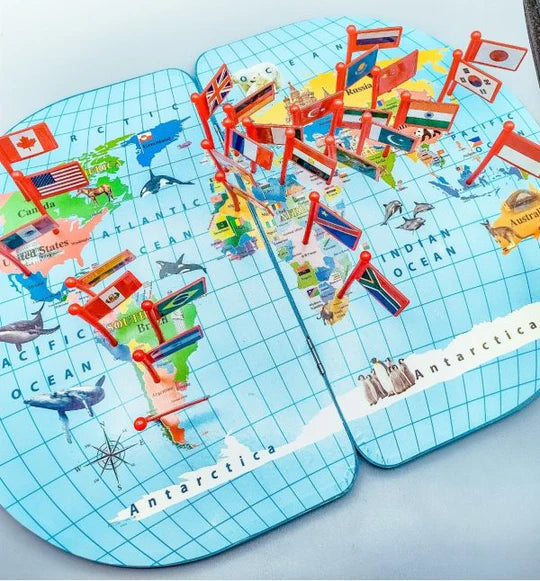 Wooden World Map with Flags – 36 Countries